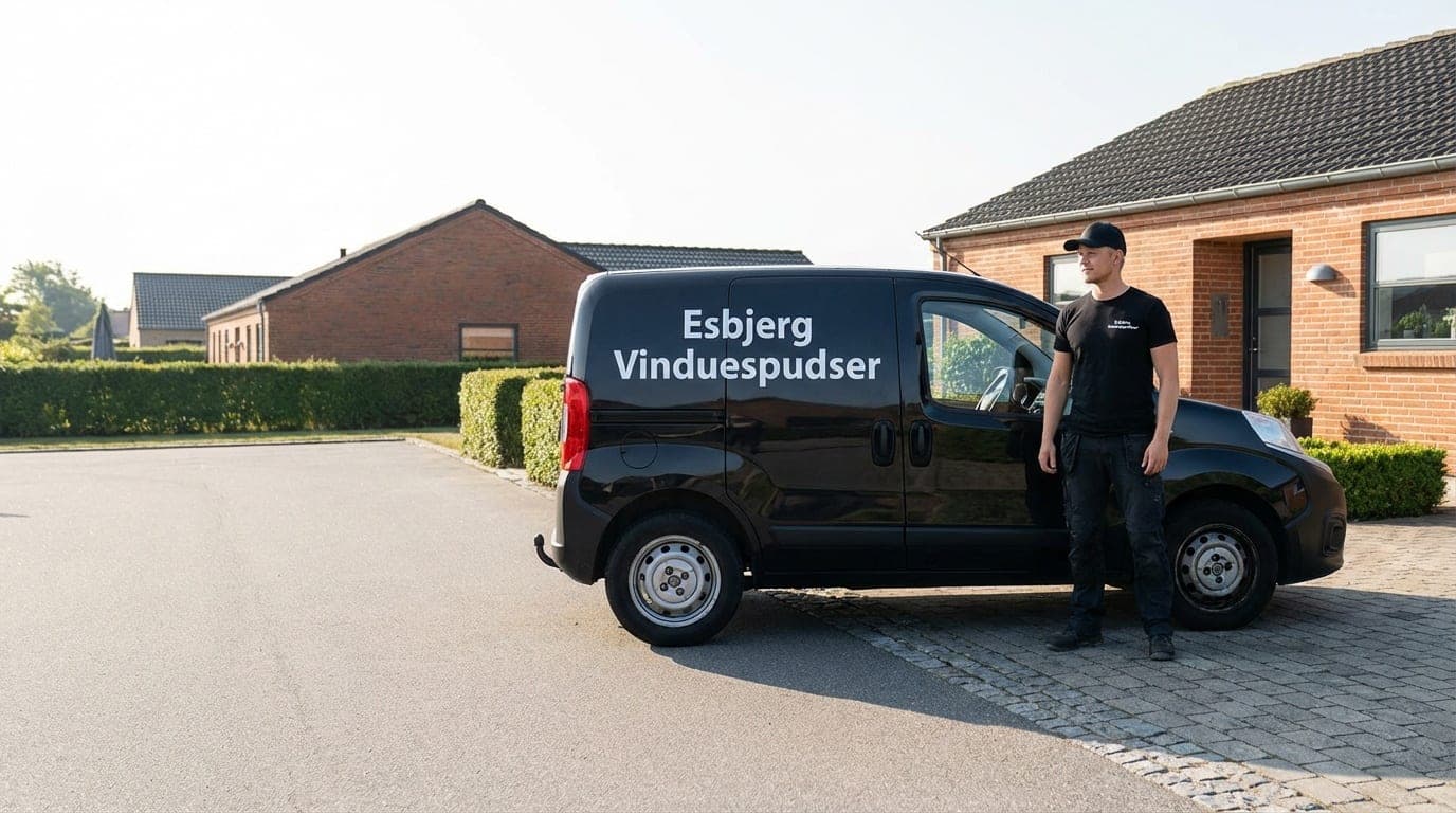 Daniel fra Esbjerg Vinduespudser ved sort firmabil i Esbjerg Ø, klar til opgave