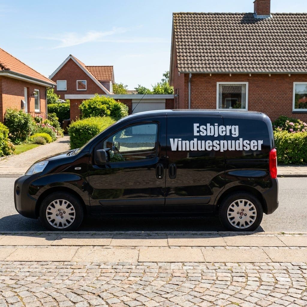 Sort varevogn med teksten Esbjerg Vinduespudser parkeret på en solrig villavej