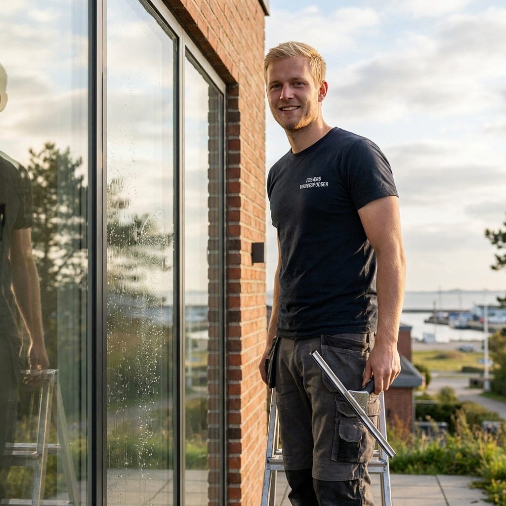 Esbjerg Vinduespudser – vinduespudser ved rude på stige i Esbjerg