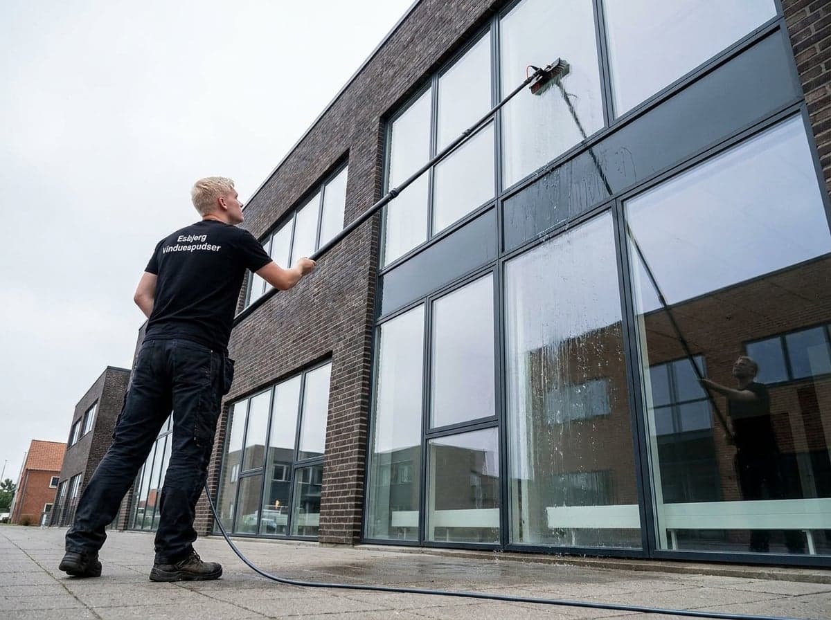 Høje rudepartier på en erhvervsbygning pudses med teleskopstang og rentvandsanlæg fra jorden – uden stiger