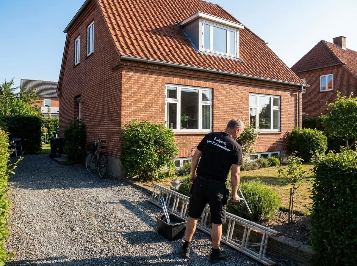 Vinduespudser ankommer med stige og udstyr til udvendig vinduespudsning på parcelhus i Esbjerg