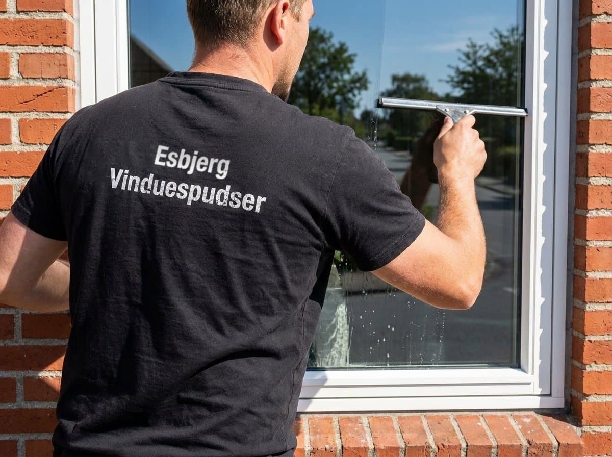 Vinduespudser trækker skraberen ned over ruden i hånden – traditionel vinduespudsning i Esbjerg